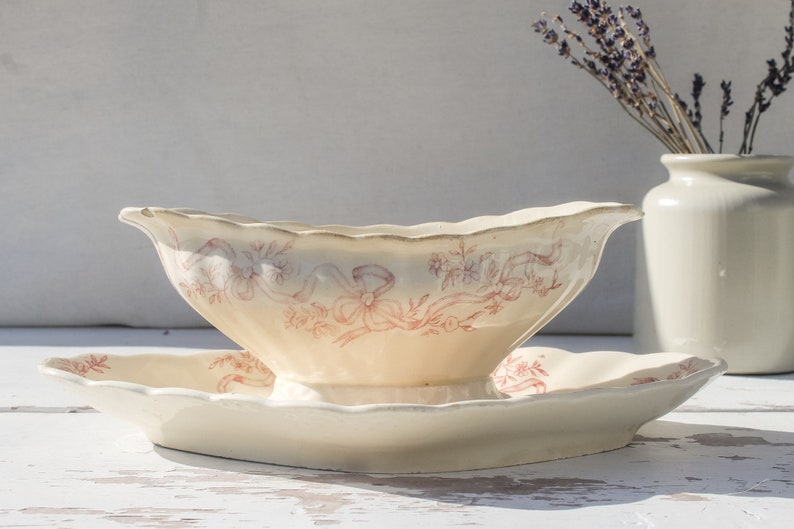 French Vintage Limoges Porcelain Gravy Boat, Sauciere, Sauce Bowl Signed antique china tableware Earthenware serving dish rustic bowl image 1