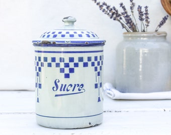 French Vintage 1930s Lustucru Enameled Sugar Pot, Labeled Canister with White and Blue Checkered Pattern - rustic farmhouse kitchen storage