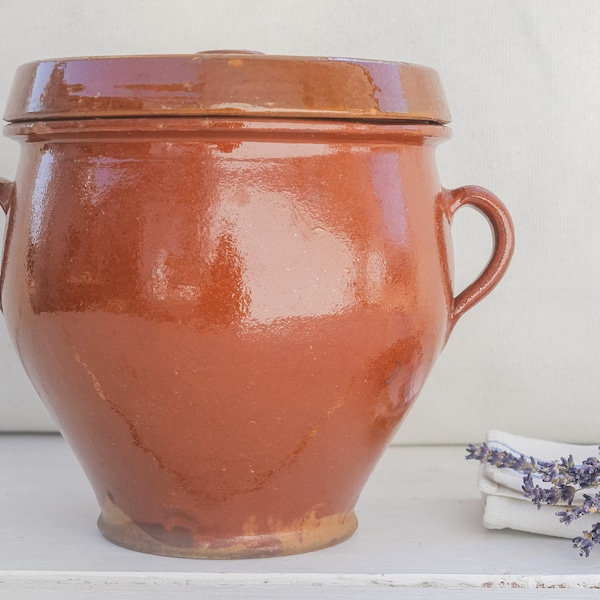 Rare antique glazed confit pot urn with lid and handles – Brown Farmhouse rustic stoneware Grease pot Garden Home decor Mantle Piece Pottery