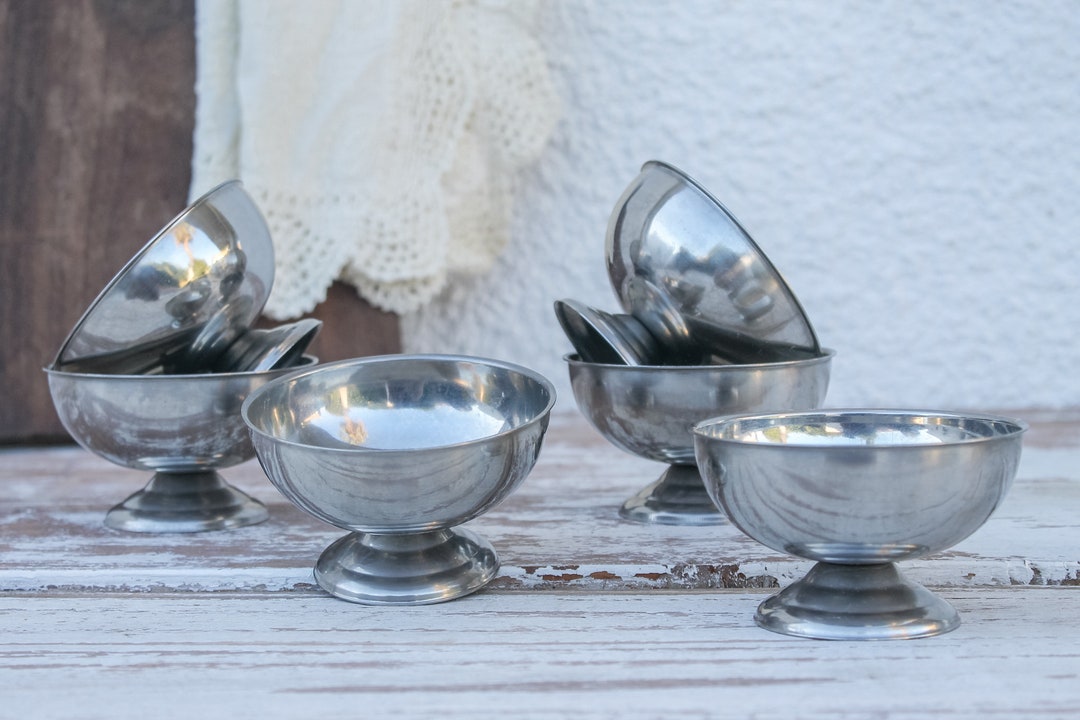 Set of 6 Vintage French Metal Stainless Steel Large Footed Ice Cream ...