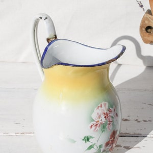 Vintage 1940s French Enameled Washing Set Pitcher and Wash Bowl, Yellow Floral Enamelware Vintage Home Decor Rustic Farmhouse image 3