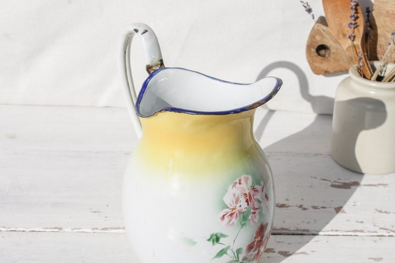 Vintage 1940s French Enameled Washing Set Pitcher and Wash Bowl, Yellow Floral Enamelware Vintage Home Decor Rustic Farmhouse image 3