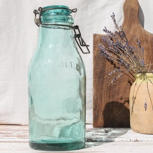 1930s L&#39;IDEALE rare 2L Vintage French Aqua Green Thick Glass Canning Jar with Metal Clasp - Rustic Farmhouse decor Kitchen Storage Container