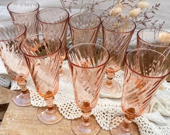 Set of 6 French Vintage Champagne Glasses Flutes Luminarc Rosaline - Pink Swirl French Bistro Stemmed Glasses Drinkware Barware