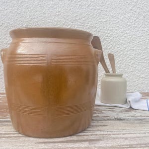 Large French Antique Glazed Stoneware Brown Confit Pot, Grease Pot, Crock, Vase, Rustic Farmhouse Home Decor French Primitive Pottery