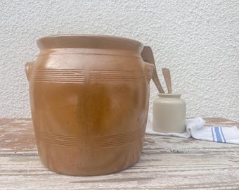 Large French Antique Glazed Stoneware Brown Confit Pot, Grease Pot, Crock, Vase, Rustic Farmhouse Home Decor French Primitive Pottery