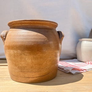 Medium Light Brown French Antique Glazed Stoneware Confit Pot, Vessel, Vase, Utensil Holder, Rustic Farmhouse Home Decor Pottery