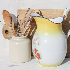 Vintage 1940s French Enameled Washing Set Pitcher and Wash Bowl, Yellow Floral Enamelware Vintage Home Decor Rustic Farmhouse image 2