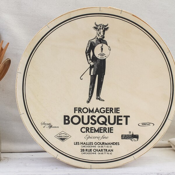 Large French Vintage Round Wood Cheese Box with illustration - Fromagerie Bousquet - ribbon box, rustic decor, farmhouse kitchen