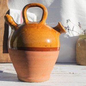 Antique French Wine or Water 'Gargoulette' Jug with handle and lid farmhouse decor terracotta pitcher primitive jug Stoneware Pottery pot image 1