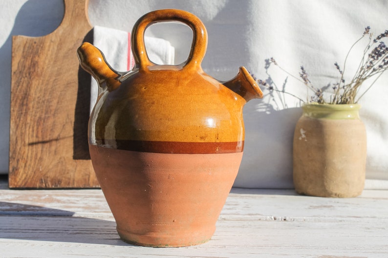 Antique French Wine or Water 'Gargoulette' Jug with handle and lid farmhouse decor terracotta pitcher primitive jug Stoneware Pottery pot image 1