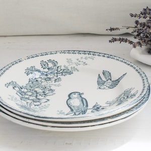 Set of 3 Longwy Vintage French Hollow Plates - Mesanges Collection -  rustic farmhouse dinnerware tableware - Antique earthenware china