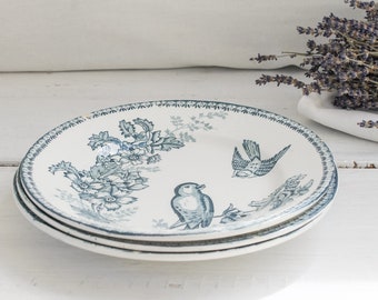 Set de 3 platos huecos franceses vintage Longwy - Colección Mesanges - vajilla rústica de granja - Vajilla de barro antigua
