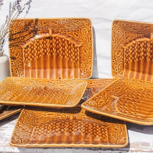 Beautiful Sarreguemines Rectangular Asparagus Plates - Brown Vintage Plates Serveware, 70s tableware Barbotine Majolica - China Plates
