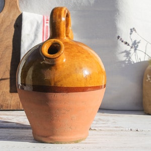 Antique French Wine or Water 'Gargoulette' Jug with handle and lid farmhouse decor terracotta pitcher primitive jug Stoneware Pottery pot image 2