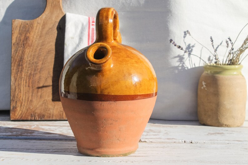 Antique French Wine or Water 'Gargoulette' Jug with handle and lid farmhouse decor terracotta pitcher primitive jug Stoneware Pottery pot image 2