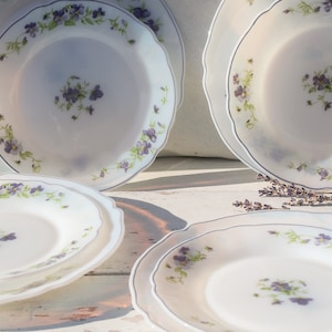 May include: Set of five white ceramic plates with a delicate floral pattern featuring purple flowers and green leaves. The plates have a scalloped edge and a subtle sheen.