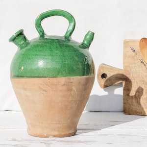 Stunning Green Antique French Wine or Water &#39;Gargoulette&#39; Jug - farmhouse decor terracotta pitcher primitive jug Stoneware Pottery pot