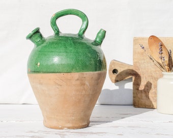 Stunning Green Antique French Wine or Water 'Gargoulette' Jug - farmhouse decor terracotta pitcher primitive jug Stoneware Pottery pot