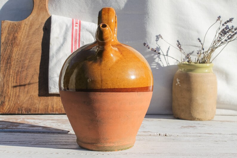 Antique French Wine or Water 'Gargoulette' Jug with handle and lid farmhouse decor terracotta pitcher primitive jug Stoneware Pottery pot image 4