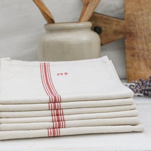 One Large French Vintage Torchons White & Red Striped Kitchen Tea Hand Towel, Linen Dish Towel Monogrammed, Rustic Farmhouse Home Decor image 2