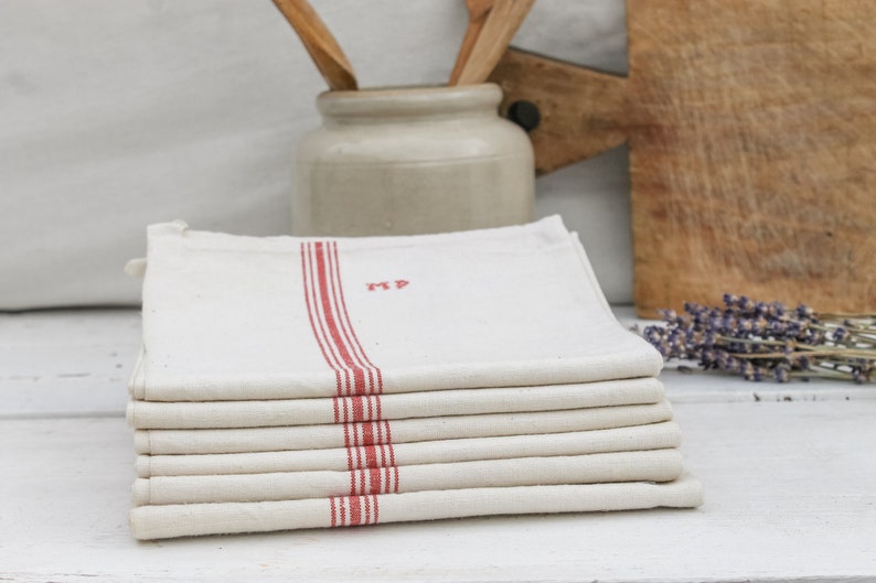 One Large French Vintage Torchons White & Red Striped Kitchen Tea Hand Towel, Linen Dish Towel Monogrammed, Rustic Farmhouse Home Decor image 2