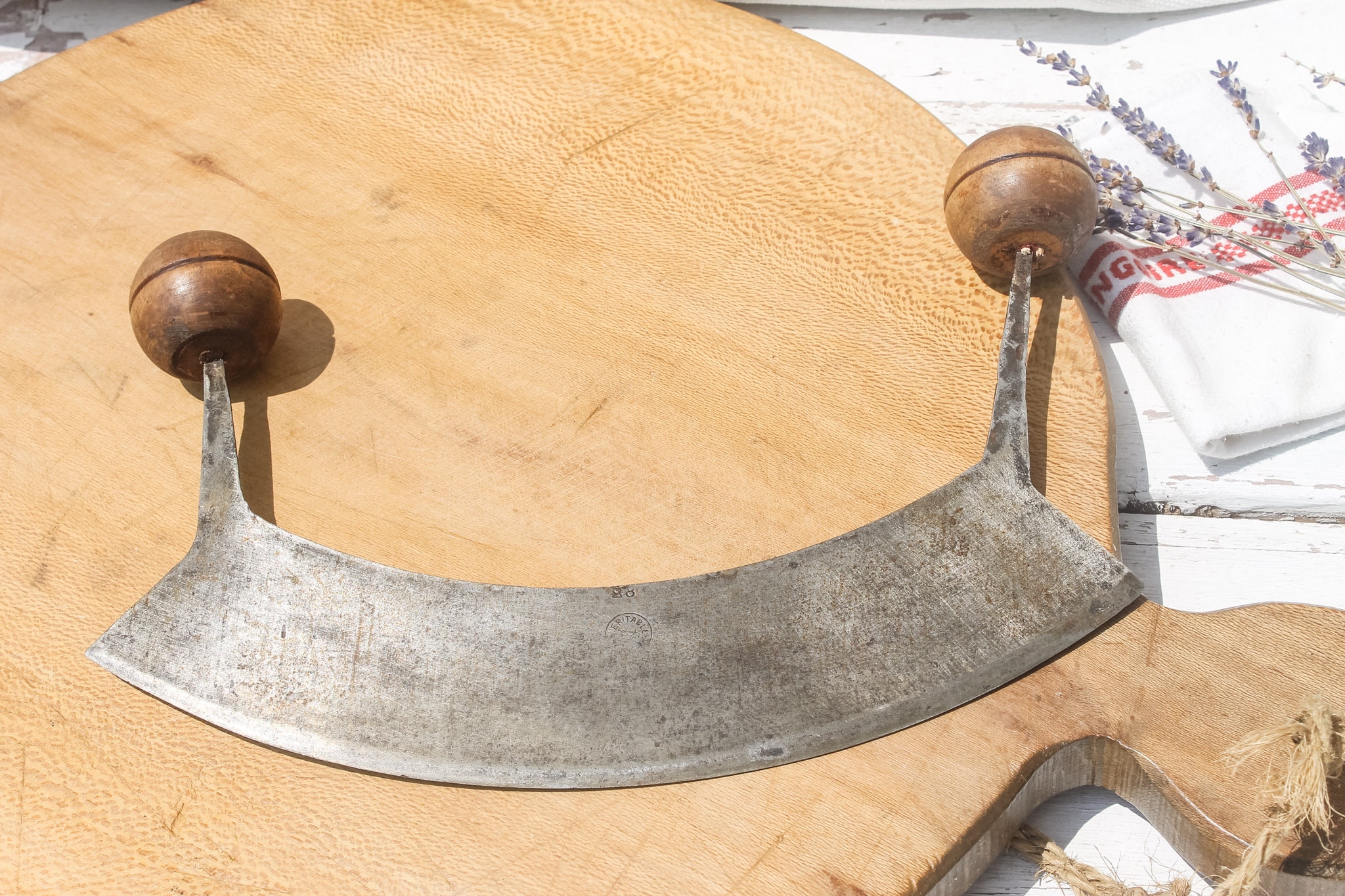 Vintage French Mezzaluna Herb Chopper, Wooden Handles, Rustic