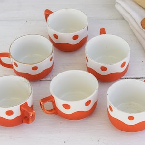 Beautiful Set of 6 Digoin Sarreguemines 1950s Coffee Cups - Playful Orange and White Polka Dots - Stamped French Vintage Tea