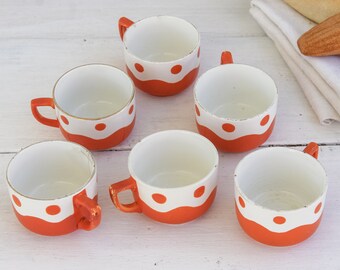 Beautiful Set of 6 Digoin Sarreguemines 1950s Coffee Cups - Playful Orange and White Polka Dots - Stamped French Vintage Tea