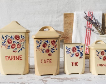 Bel ensemble de 4 Français vintage Pots en porcelaine Pots, Cuisine Décoration Intérieure, Badonviller, Pots Anciens Pots Fleuris Décor Rustique