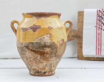 Ancien pot confit Français de 8 1/3 po. avec poignées, pot de graisse en grès de France, poterie navire primitif, décor de ferme - porte-ustensiles de vase