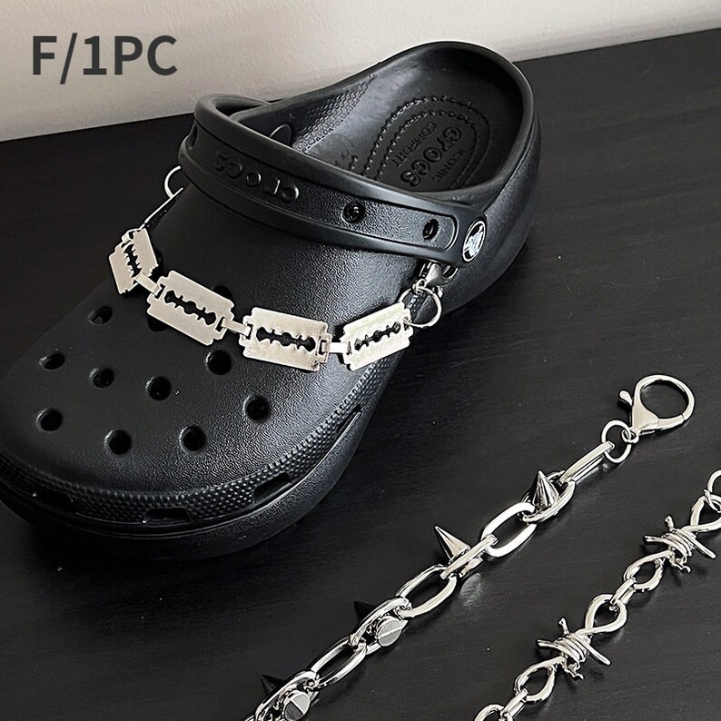 Shoe Chain Charm, Punk Hiphop Stye Cool Strap Chain Decoration Rivet Clog Wedges Charms Accessories Shoe Buckles Fit for Sandals Gift F