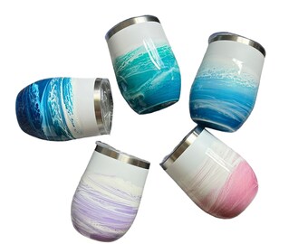 Ocean Resin Art Stemless Wine Tumbler: Stainless Steel 12 oz Gift