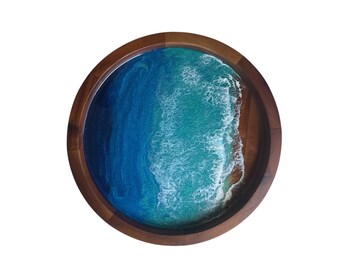 Ocean Resin Art Lazy Susan: Acacia Wood Decorative Tray, 13-inch