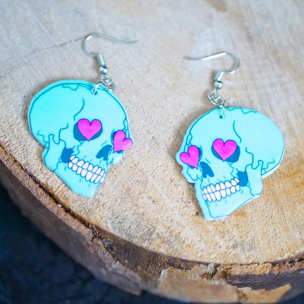 Boucles d'oreilles tête de mort yeux cœur Halloween Goth Dark Punk