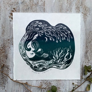 Impression linogravure originale « Vous et moi » | art bohème | décoration murale bohème | oeuvre d'art magique | carré 8 x 8 lino imprimé | oeuvre d'art pour la mère et l'enfant| style bohème