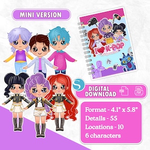 May include: A digital download graphic featuring six cartoon figures and a notebook with "I Love K-Pop Superstars" text. The image includes the text "Mini Version" and "Digital Download". The notebook is 10.4 cm x 14.7 cm.