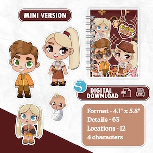 May include: A selection of cartoon character stickers and a notebook with the text "AVATAR WORLD". The stickers feature various characters in different outfits. The notebook is spiral-bound and has a brown cover with a repeating pattern. The format is 10.4 cm x 14.7 cm.