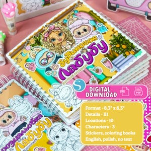 Puede incluir: Libro para colorear con espiral con el texto "Лабубу" e ilustraciones de personajes de dibujos animados. La portada presenta una niña y un conejo. El libro mide 21.08 cm x 21.08 cm e incluye pegatinas. También se ve el texto "DIGITAL DOWNLOAD".