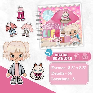 May include: A digital download featuring Toca Life characters and accessories. The design includes a pink-themed notebook, a cat, and various outfits. The image also includes the text "DIGITAL DOWNLOAD" and the dimensions of the format.