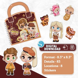 May include: A digital download featuring cartoon stickers and a notebook design. The notebook has a brown handle and a cover with cartoon characters and the text "AVATAR WORLD." Additional stickers include cartoon characters and animals. The image also includes the text "DIGITAL DOWNLOAD."
