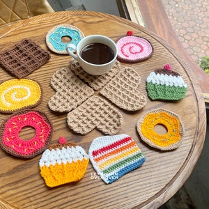 Crochet Pattern | Tea Party Coaster Set | Crochet Heart-Shaped Waffle, Swiss Roll, Donut, Cupcake, Chocolate Bar & Cake Slice Pattern