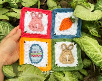 Digital Crochet Pattern | Easter Granny Squares | Crochet Carrot, Easter Egg, Bunny Square | Easter Decor | Crochet Baby Blanket