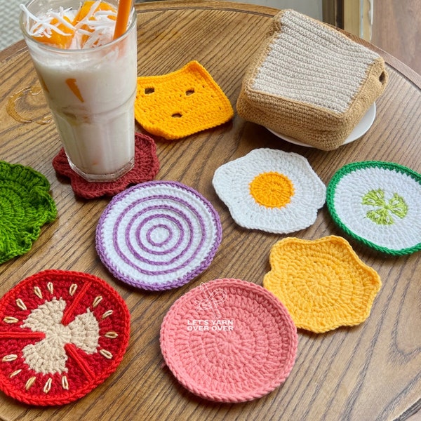 Patron au crochet | Ensemble de sous-bocks | Laitue au crochet, oeuf au plat, ketchup, moutarde, fromage, tomate, oignon, concombre dans un sac à pain