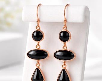 Black Onyx Dangle Earrings, Rose Gold Sterling Silver, Statement Gemstone Drop Jewelry