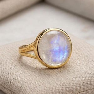 Natural Rainbow Moonstone Round Ring, Gold Plated Sterling Silver, Boho Jewelry