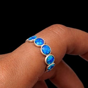Blue Opal Eternity Ring, 925 Sterling Silver Band, Natural Blue Opal Ring, Gemstone Wedding Ring, Stackable Ring Gift For Her