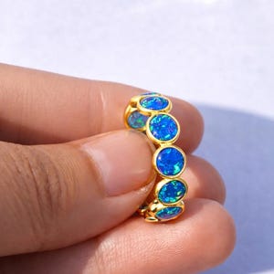 Blue Opal Eternity Ring, Sterling Silver Gold Band, October Birthstone