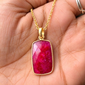 Ruby Pendant Necklace, 925 Sterling Silver Gold Plated Gemstone Jewelry, Pink Red Rectangle Pendant, Elegant Gift for Her