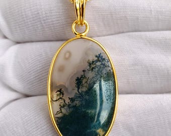 Ovalt hänge i naturlig mossagat, 925 sterlingsilver i guld, halsband i grön mossagat, botaniska ädelstenssmycken, present till henne